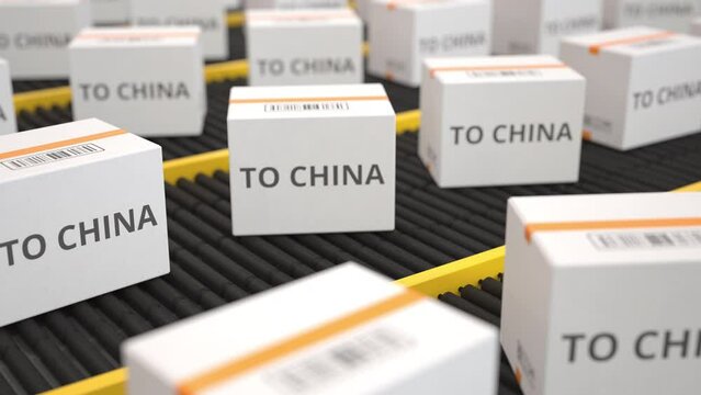 TO CHINA text on white cartons moving along the conveyor. Seamless loopable 3D animation