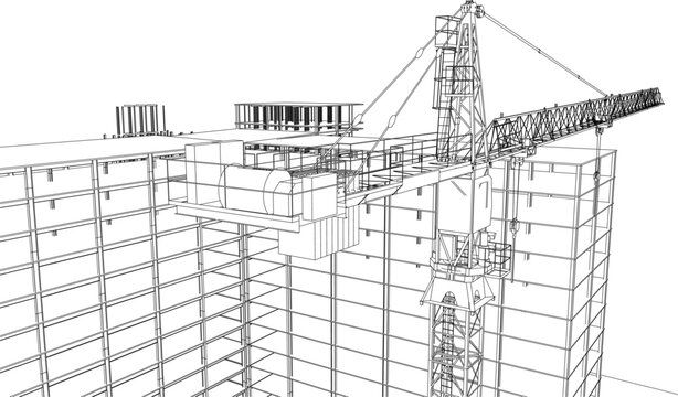 construction site engineering line sketch with crane architecture 3D illustration vector blueprint