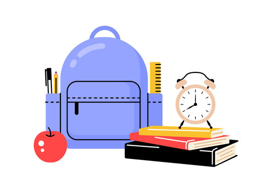 Backpack with books, alarm clock and apple. Modern vector illustration in flat style. Illustration back to school.