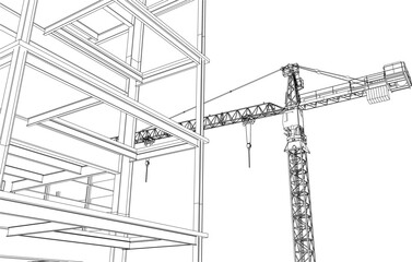 construction site engineering line sketch with tower crane architecture 3D illustration