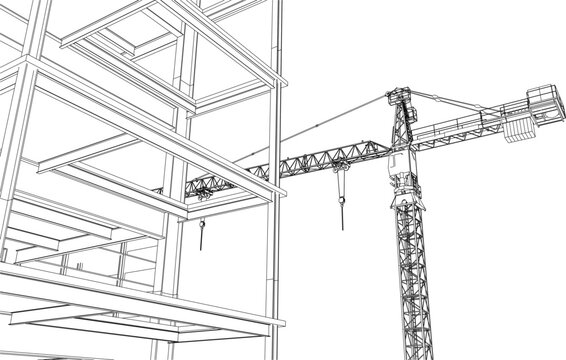 construction site engineering line sketch with tower crane architecture 3D illustration