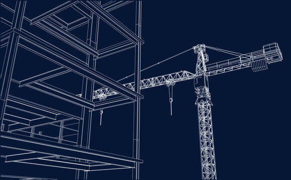 construction site engineering line sketch with tower crane architecture 3D illustration blueprint