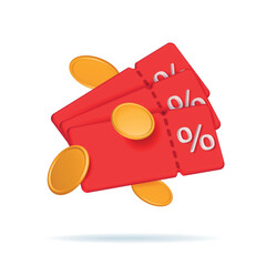 3d render discount coupon stack with percentage sign with falling coins. Voucher card cash back red template. Premium special price offers sale coupon pile. Vector isolated illustration - obrazy, fototapety, plakaty