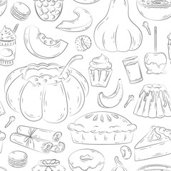 Pumpkin dish seamless pattern. Vector set of hand drawn dishes with fresh ripe pumpkin, jam jar, fruitcake, soup. Traditional autumn Thanksgiving food. Autumn set for halloween invitation, harvest