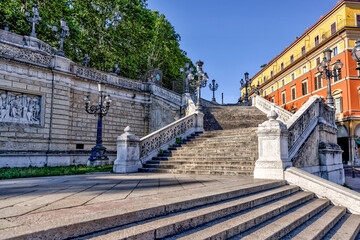 Staircase and sculptures at the northwestern entrance to the Parco della Montagnola in Bologna...