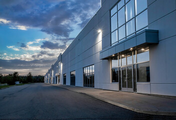 Exterior view of a generic business park building at dusk with multiple high bay units, prefab metal cladding, glazing, aluminum mullions, exterior lights on, nobody - obrazy, fototapety, plakaty