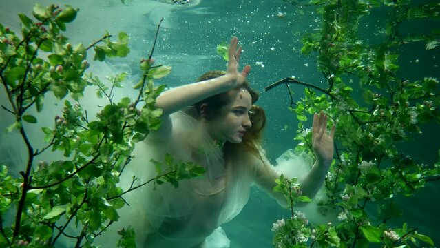 young princess is floating underwater in amazing fabulous garden, swimming between green trees