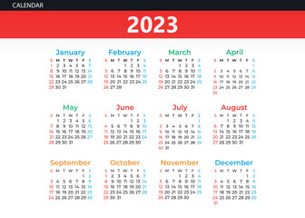 2023 Calendar year vector illustration. The week starts on Sunday. Annual calendar 2023 template.