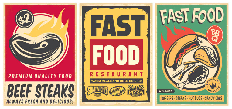 Steak house and fast food dining restaurant set of retro posters with delicious meals and snacks. Food vector illustration.