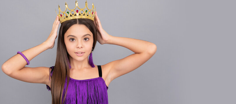 Rise and shine. Prom princess wear crown. Prom party. Beauty gueen. You are worth. Child queen princess in crown horizontal poster design. Banner header, copy space.