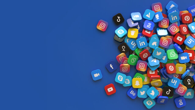 3D rendering of a bunch of square badges with the logo of the main social networks apps over blue background