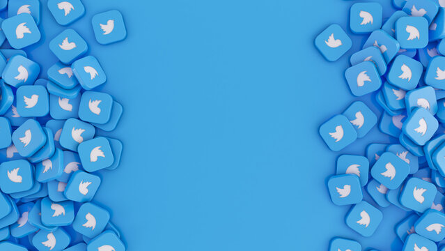 3D rendering a bunch of twitter square badges over horizontal light blue background