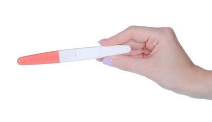 Pregnancy test pregnant in hand on white background isolation
