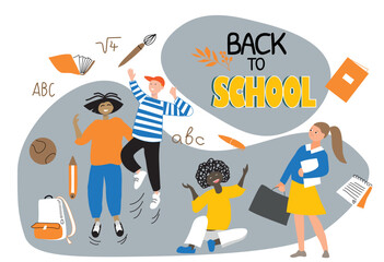 Teens go to school. Back to school banner. Vector education design concept.