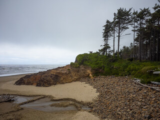 Hilly ocean coast, greenery, pine forest. Gray cloudy sky. Desert place. The beauty and grandeur of pristine nature. ecology, geology, climate. Environmental Protection.