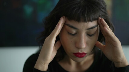 One anxious latina girl feeling apprehension. Concerned young restless woman. Person with worried emotion