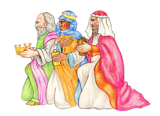 Freehand painted illustration of magi in adoration on paper - obrazy, fototapety, plakaty