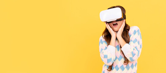 amazed teen girl wear vr glasses using future technology for education in virtual reality. Banner...