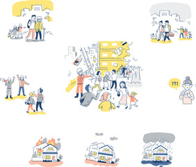 地震のシーン・避難する人々などのイラスト　セット