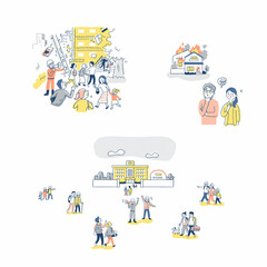 地震のシーン・避難する人々などのイラスト　セット © hisa-nishiya