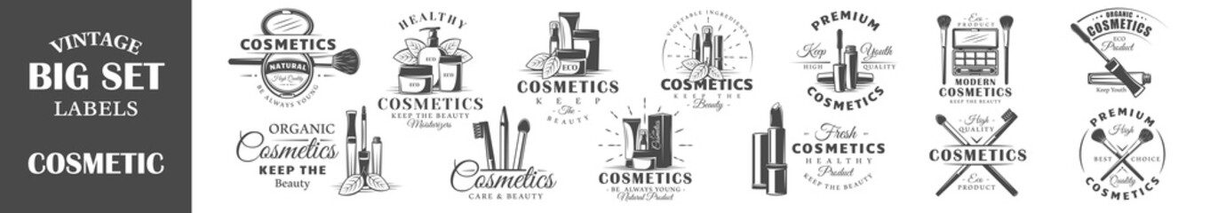 Set of vintage cosmetics labels, logos. Design elements for graphic and web design, natural products. Collection symbols: cream, bottle, packaging. Vector illustration 