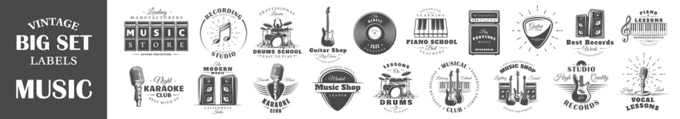 Set of vintage musical labels templates. Elements for design. Vector illustration