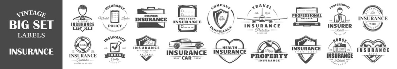 Set of insurance labels. Collection of  insurance symbols: shield, lifebuoy, protection. Vector illustration 