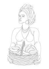 Silhouettes of a girl in a headscarf. The lady is holding a basket of bananas in her hands. Woman in modern one line style. Solid line, decor outline, posters, stickers, logo. Vector illustration.