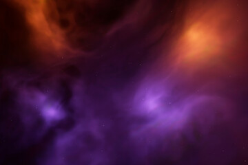 Abstract 3d purple with orange colors fog or swirling smoke and yellow dots on dark background. Magic light effect with vapor and gas. 3d rendering illustration.