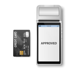 Vector 3d NFC Payment Machine with Approved Status and Credit Card. Wi-fi, Wireless Payment. POS Terminal, Machine Design Template of Bank Payment Contactless Terminal, Mockup. Top VIew