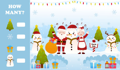 Christmas riddle for kids with santa claus and mrs claus singing carols with snowman, printable worksheet for children in cartoon style, how many game
