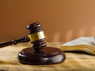 Close-up. Wooden judge's gavel and an open book on a beige background. Court and justice, Constitution, Bible, rule of law. There are no people in the photo. Banner, advertising. poster.