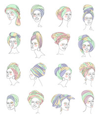 Collection. Girl head silhouettes. Lady in a turban, scarf. Female face in modern single line style. Solid line, outline for decor, posters, stickers, logo. vector illustration set.