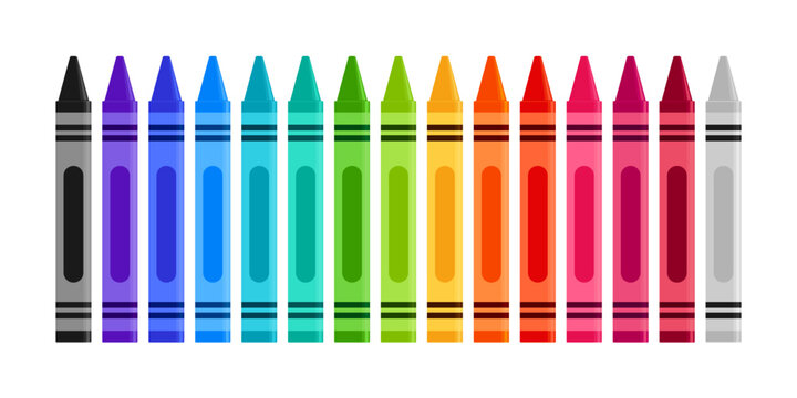 Education - School Supply - Crayon Set Isolated on White Background - Black, Blue, Turquoise, Teal, Green, Yellow, Orange, Red, Pink, Purple, Brown, and Gray Crayons Isolated on White Background