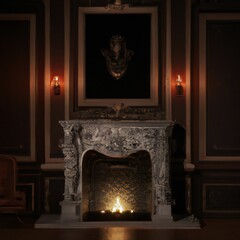 Gothic manor fireplace in darkness