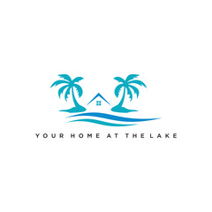 landscape, peak river creek logo vector template. modern outdoor emblem with lake view and cabin house in forest logo icon vector, cottage hut cabin logo template
