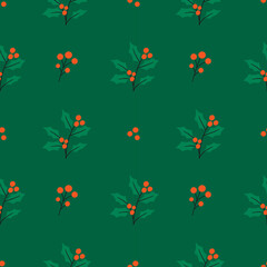 Seamless pattern with holly twigs. Beautiful Christmas background. Festive Digital paper. Cute design for wrapping paper, textiles, decor. Vector illustration