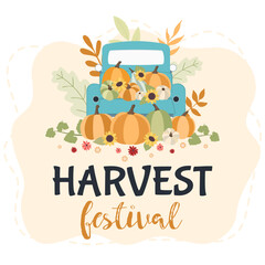 Autumn concept for Harvest festival or Thanksgiving Day. Blue car with pumkins, sunflowers and leaves. Background for posters, web, banners, flyers, postcards 