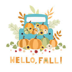 Autumn concept for Harvest festival or Thanksgiving Day. Blue car with pumkins, sunflowers and leaves. Background for posters, web, banners, flyers, postcards 