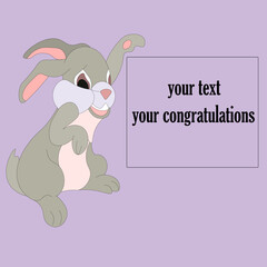 happy Gray Rabbit, hare holds in paw sign with inscription - Your text, Your congratulations. illustration is symbol of the new year, mascot, cartoon animal. festive hare, traditional Easter animal
