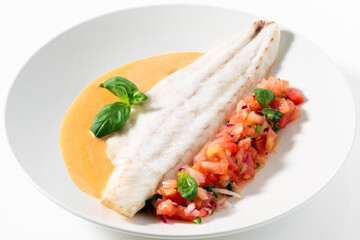 Grilled sea bass fillet with tomato basil  salad and gravy on white - obrazy, fototapety, plakaty