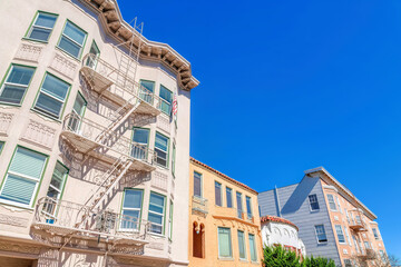Facade of residential buildings with decorative exterior in San Francisco, CA