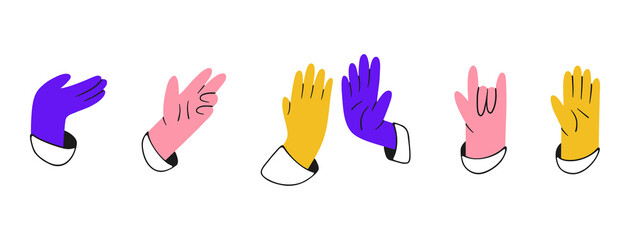Set of multicolored hands. Hands with various gestures. Rock, high five, hello, holding hand. Vector illustration of palms isolated on a white background
