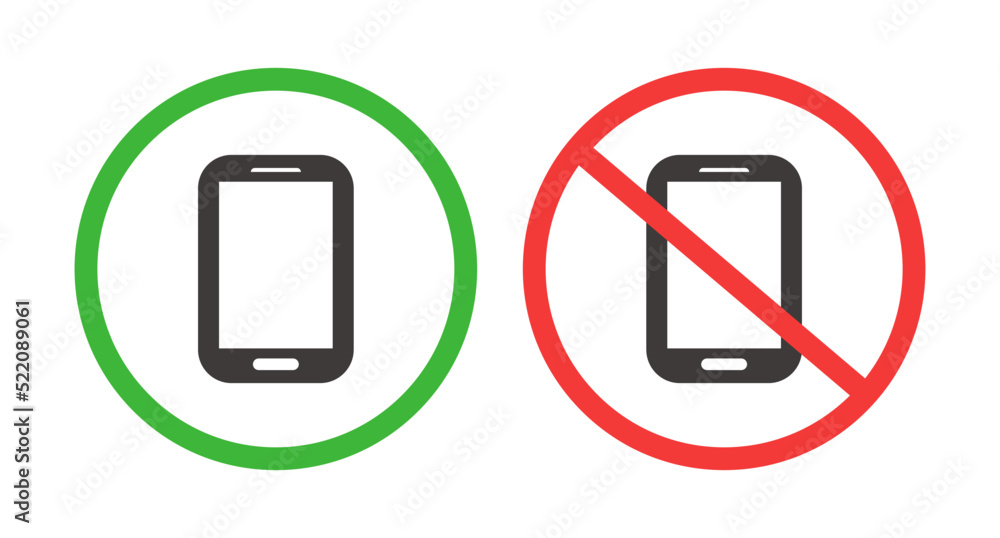 Poster smartphone restrictions icon set. smartphone use allowed and prohibited. vector.