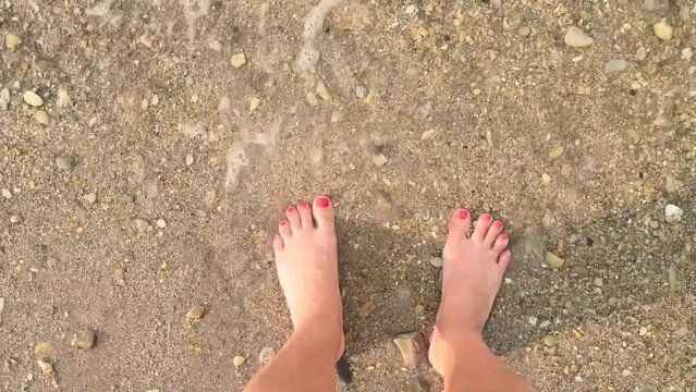 Women's feet in sea water on the seashore with painted nails. Summer afternoon.
