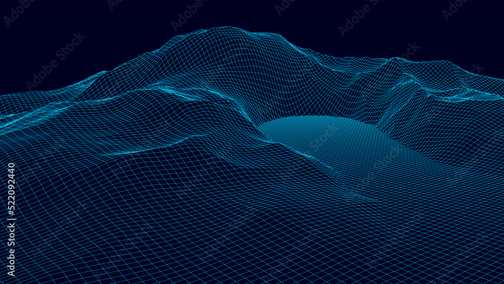 Poster abstract digital neon grid landscape background. futuristic retro mountains backdrop. big data visua