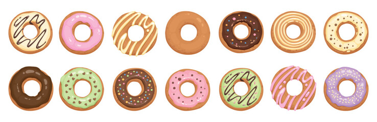 Donut cake icons set cartoon vector. Chocolate sweet