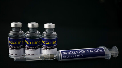 Three monkeypox vaccine bottle and one monkeypox vaccine syringe on black background. Use injection only to protect virus. 