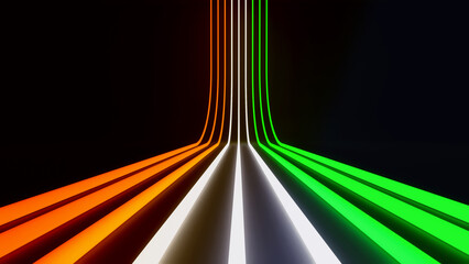 Indian Tricolor lights running across on black background 3d illustration for product background, digital advertisement and banners