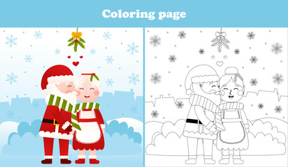 Christmas coloring page with santa claus character and mrs claus kissing, printable worksheet for kid in cartoon style, winter holidays activity
